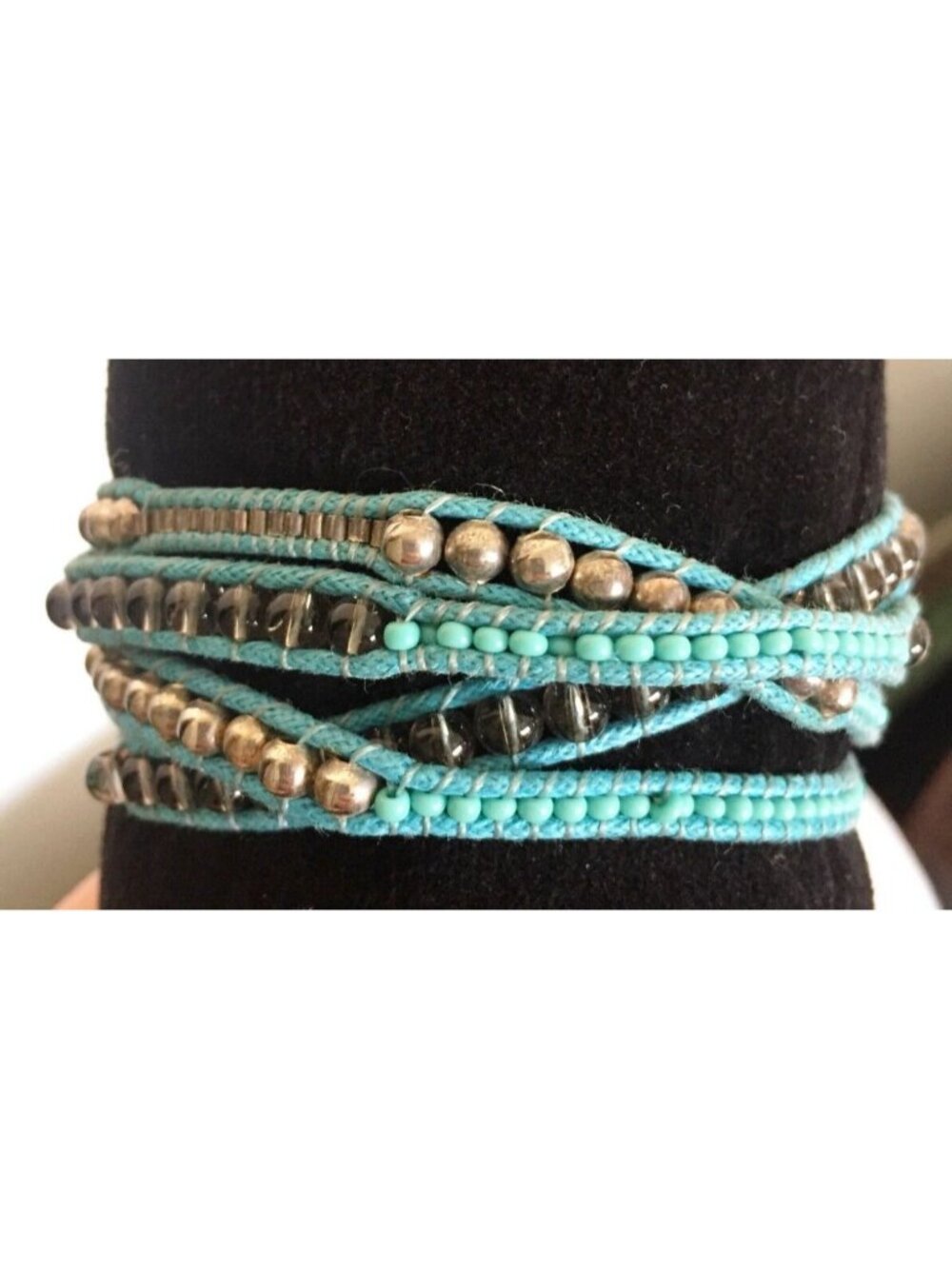 Turquoise Leather Wrap Crystal Sterling Ball Bracelet